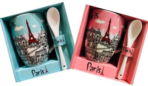 Paris Eiffelturm Mini-Tasse mit Löffel, Motiv Paris, Pastellfarben, 2 Stück