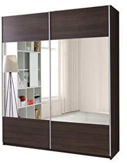 Kleiderschrank mit Spiegel Schrank Garderobe Zweitürenschrank Schwebetürenschrank Schwebetüren 2-Türig POLLY -Wenge