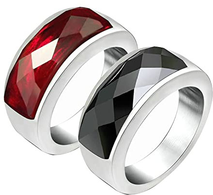 ANAZOZ Trauringe Edelstahl Paarpreis, Personalisierte Ringe Paare Eheringe Damen gr.54 und Herren gr.62 Silberring mit Schwarzem und Rotem Zirkonia