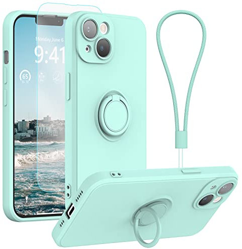 pcgaga Silicone Phone Case for iPhone 14 Plus with Screen Protector [Ring Holder Stand] [Wrist Strap] [Microfiber Lining] Slim Shockproof Protective Cover, 6.7 Inch, Mint Green