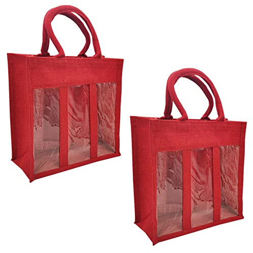 Reusable Wine Bag with Handles Natural Jute Champagne Liquor Gift Bags Single Double Triple Bottle Carrier Holder [Red Triple, Set of 2]