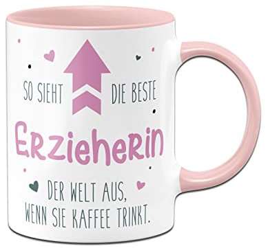 Tassenbrennerei Tasse mit Spruch - So sieht die beste Erzieherin der Welt aus, wenn sie Kaffee trinkt - Kaffeetasse lustig als Geschenk für Kollegen, Kollegin (Erzieherin)