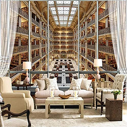 Self-Adhesive Wallpaper Library Book Bookcase Bookshelf 3D Photo Wallpaper Mural Motif Peel And Stick Wall Photo 3D Wallpaper Paste Living Room The Wall For Bedroom Mural Border - 400(W)x280(H)cm