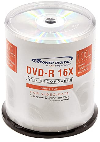 Vinpower Digital DVD-R 4.7GB 16x Silver Top Recordable Media 100 Disc Cake Box Spindle Shiny Silver Lacquer Top Premium Archival Grade Blank DVDs for Burning Video