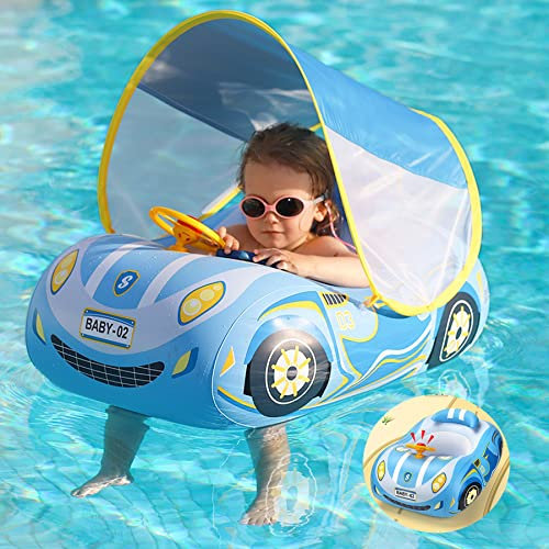 Baby Swimming Float,Baby Pool Float with Sun Protection Canopy,Newest Inflatable Car Toddler Swimming Float with Safety Seat for Kids 1-4 Years Old, Blue