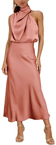 MIRGLER Robe longue élégante et formelle à col montant en satin élastique taille haute pour femme, Rose cuite, Taille M