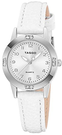TASGO Damen-Armbanduhr aus Leder, Quarzuhr, leicht ablesbar, mit Diamanten, leuchtend, wasserdicht, modische Armbanduhr für Damen und Mädchen, silberfarben / weiß, Kleid