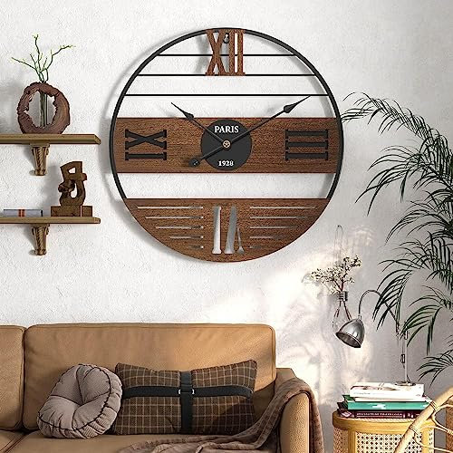 GUDEMAY Wanduhr Groß Vintage XXL 50 cm Durchmesser - Moderne Landhausstil Wand Uhr aus Holz und Metall, römische Ziffern, lautlos für Wohnzimmer, Küche, Schlafzimmer - Schwarz/Braun