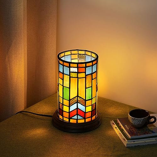 Tiffany Lampe de table en verre coloré Style bloc bohème Lampe de table Salon Chambre à coucher Fleur Vase Décor Petite lampe de nuit Mini Mignon Enfants Accent Cylindre Lampe de bureau