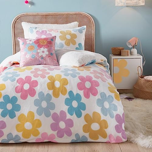 Bedlam - Flower Teddy Fleece Duvet Cover - Single Bedding Size (200 x 140cm) - Reversible (2 Designs) - Super Soft & Cosy Fleece Bedding for Girls - Floral Duvet Cover in Single - Kids Fleece Bed Set