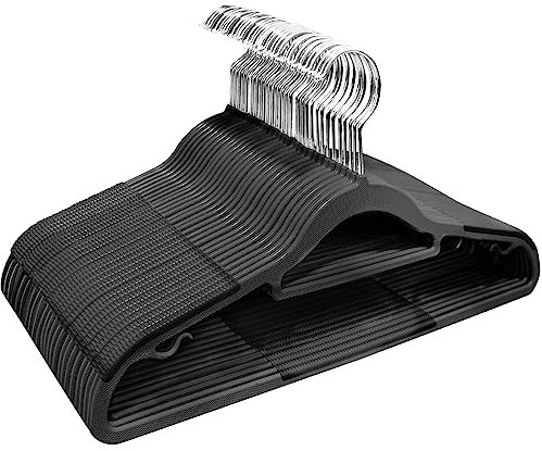 ABHENG 30 Stück Kleiderbügel, Rutschfester Kunststoffbügel, Platzsparender Bügel, 360° Drehbarer Haken, Dicke 0,5 cm, 42 cm lang, für Mäntel, Kleider, Hemden, Schwarz + Silber, APY0330B