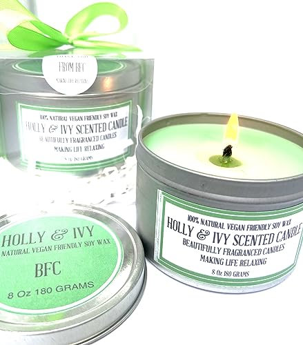 Holly & Ivy Scented Soy Wax Candle - Handmade BFC - Holly & Ivy Scented 36 Hours Burn Time 8 Oz 180 Grams Soy Wax Candle Silver Brush Finish Tin. Holly & Ivy Scented