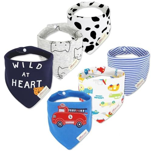 Minizone Baby Halstücher 6er Pack, Super Weich und Absorbiert Dreieckstuch Sabberlätzchen Baby mit Baumwolle Bandana für Jungen Mädchen, Tiger & Auto