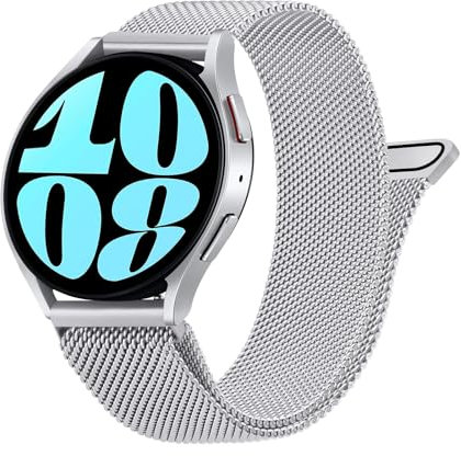Amzpas Armband für Samsung Galaxy Watch 6 40mm 44mm Armband Damen Herren,Edelstahl Metall Mesh Ersatzarmband Magnetschloss 20mm Uhrenarmband für Samsung Galaxy Watch 6 Classic 43mm 47mm (Silber)