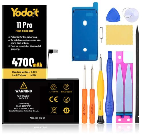 Yodoit 4700mAh Batteria per iPhone 11 Pro Batteria sostitutiva ad alta capacità 0 cicli per modello A2160, A2215, A2217 con kit completi di strumenti di riparazione
