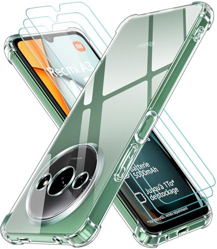 ivoler 4 en 1 Coque pour Xiaomi Redmi A3 / Redmi A3X avec 3 Pièces Verre Trempé, Ultra Transparent Étui de Protection en Silicone Antichoc, Souple TPU Anti-Rayures Bumper Housse