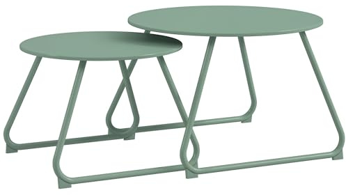 Outsunny Lot de 2 Tables Basses Rondes gigognes empilables de Jardin métal époxy, Table d'Appoint Stable pour extérieur Ø60 et Ø48 cm, Vert