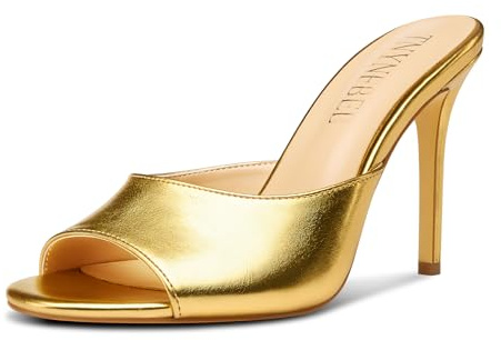 TNYNFBEB Women Stiletto High Heel Peep Open Toe Sandals Slingback Slip-on Wedding Office Cute Basic Classic 3.9 Inches Heels, Gold, 9.5