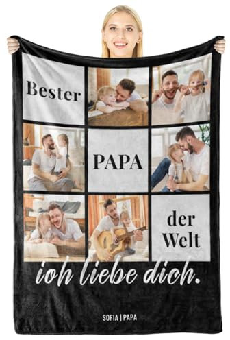Giftove Personalisierte Papa Decke mit Foto, 100% Flanell Fotodecke, Vatertagsgeschenk für Papa Personalisiert, Geschenke für Vater zu Vatertag Geburtstag Weihnachten, Bester Papa der Welt Geschenke
