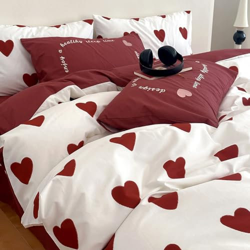 Menkala Herz Bettwäsche 200x200 Weiß mit Roten Herzen Muster Romantisch Weiche Mikrofaser Bettbezug Herzchen Aesthetic Wendebettwäsche Set 3 Teilig mit Reißverschluss und Kissenbezüge 80x80 cm