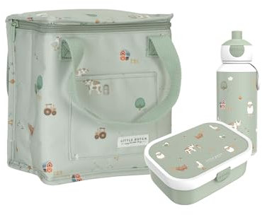 Little Dutch LF-KT-BD-PU Set Kühltasche, Brotdose Campus & Trinkflasche Pop-up - Little Farm