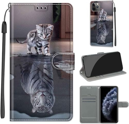 for iPhone 11 Pro Max Case, PU Leather Wallet Book Flip Folio Stand View Cover Pouch Compatible with iPhone 11 Pro Max Phone Case(Cat and Tiger)