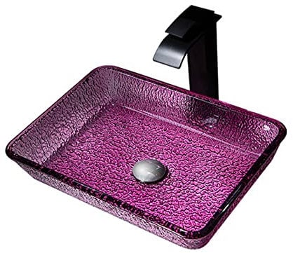 BGFYUSF Lila Badezimmer-Aufsatzwaschbecken mit schwarzem Wasserhahn, Kunstkristallglas-Waschbecken, Aufsatzwaschbecken mit Pop-Up-Ablauf und Zubehör, rechteckig,
