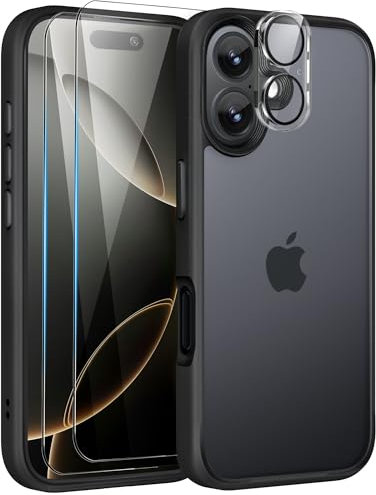Mootobo for iPhone 16 Case, 4 in 1 Phone Case with 2 Screen Protectors + 1 Lens Protector, 10FT Military Grade Drop Protection Case with Anti-Fingerprint Matte Back 6.1 inch - Black