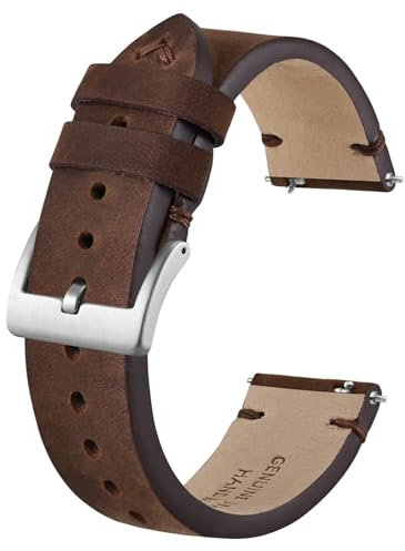 BISONSTRAP Distressed Leder Uhrenarmband, Uhren Armband für Herren, Schnellverschluss Federstege, 20mm, Kaffeebraun (Silberne Schnalle)