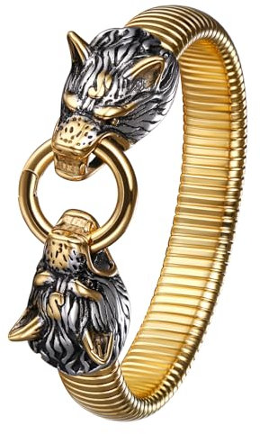 JewelryWe Wikinger Wolf Armband Herren: Gold Silber Edelstahl Gegenüber Wolfskopf Chunky Elastisches Armreif Stretcharmband mit Ring Vintage Punk Hip Hop Manschette Viking Amulett Schmuck Geschenk