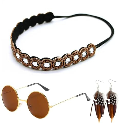 Visxcnu 3 Stück Hippie Accessoires Damen Set, 60Er 70Er Jahre Hippie Kostüm Zubehör Outfit Hippie Schmuck Karneval Retro Sonnenbrille Rund Boho Stirnband Hippie Ohrringe Federn