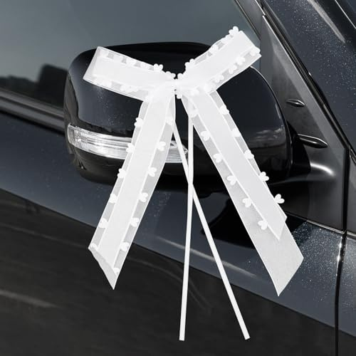 Friedwohl 30 Stück Autoschleifen Hochzeit, Weiß mit Herzen Schleifen für Hochzeitsdeko Autoschmuck Antennenschleifen Handgemacht Satinband 24x14cm für Hochzeit Party Geburtstag Geschenverpackung