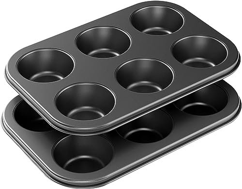 Muffin Tray 6 Cups 2 Pack Non Stick Deep Sturdy Cupcake Tin Muffin Mould Tray Yorkshire Pudding Baking Pan Durable Carbon Steel Bakeware Excellent Heat Conduction
