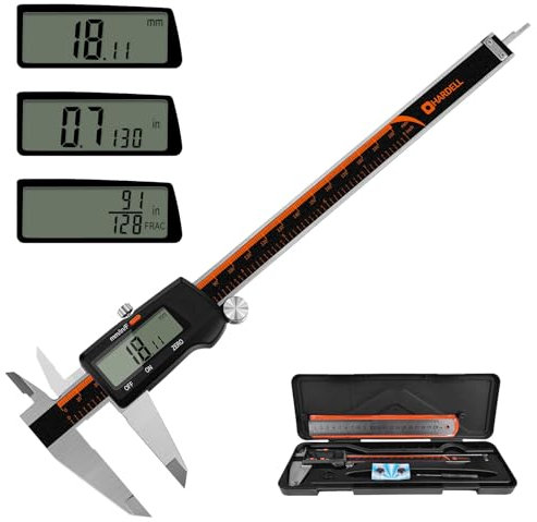 HARDELL Calibro digitale, strumento di misurazione da 0 a 8 pollici con grande display LCD, in acciaio inox, spegnimento automatico, pollice/frazioni/millimetro, calibro digitale impermeabile per fai
