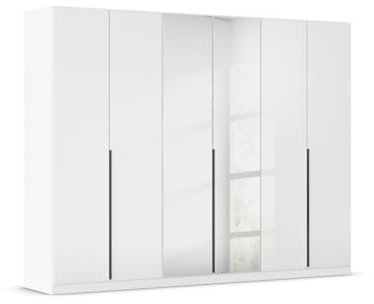 Rauch Möbel Alabama, Kleiderschrank, Garderobenschrank, 6-türig, Spiegel, Zubehör Basic, 3 Kleiderstangen, 6 Einlegeböden, Farbe Hochglanz Weiß/Weiß, Griff Grau metallic, 271x229x54cm