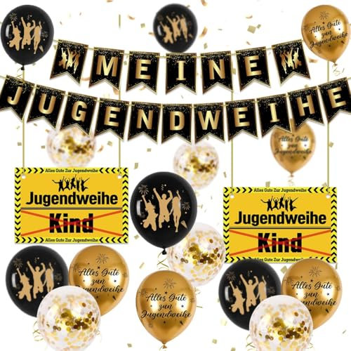 Jugendweihe Deko, Jugendweihe 2025 Deko Schwarz Gold Junge Mädchen, Alles Gute zur Jugendweihe Luftballons mit Schild zur Jugendweihe, Meine Jugendweihe Banner, Gastgeschenke Jugendweihe