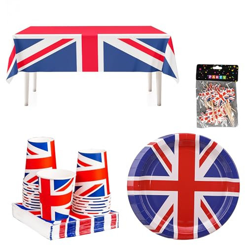UK Flag Party Pack – Union Jack Tableware Set with 10 Cups, 20 Plates, 25 Napkins & 30 Flag Picks for King’s Birthday Parade, British Celebrations & Royal Events