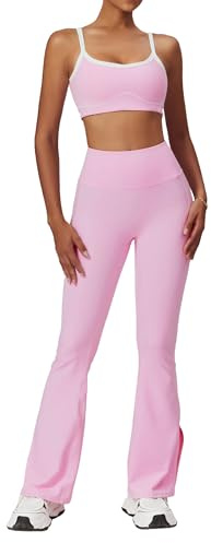 IDOPIP Zweiteiler Sport Set für Damen: Kontrastfarbe Gym Set mit Kompression gepolstertem BH und Po-Lifting Leggings Hose mit Schlitz - Yoga Outfit für Fitness Pilates Workout