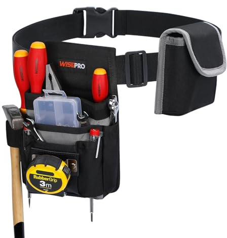 WISEPRO Werkzeuggürtel-Set - mit Hammeröse, Nageltasche,Werkzeugtasche und separat abnehmbarer Klapptasche –Gürteltasche Ideal für Handwerker, Elektriker und Gärtner – 17 Taschen, 23 x 16 x 7 cm