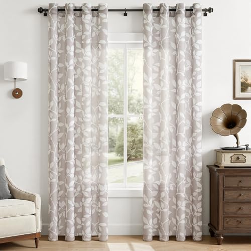 CUTEWIND Gardinen Wohnzimmer Voile Vorhang Schlafzimmer Vorhänge Durchsichtig mit Ösen 225 x 140 cm (HxB), Gardine Moderne Graue Vorhänge mit Weißen Blätterdrucken Muster Transparent Fenster 2er Set