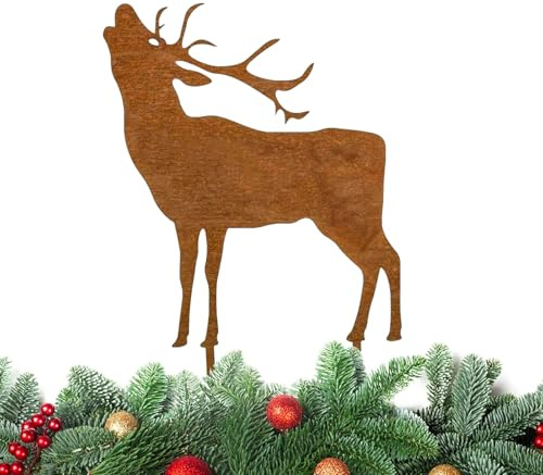 GUAHKUN Gartenstecker Weihnachts Roststecker Rentier Rost Rentiere Gartenstecker Elch und Tanne Metall Rost Optik Weihnachtsdeko (B)
