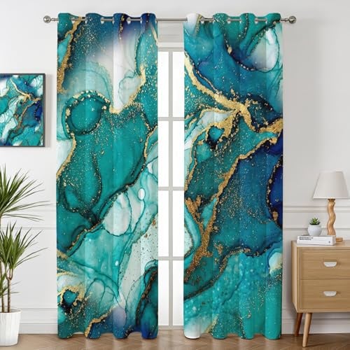 Havenix Marmor Optik Türkis Gold Vorhänge Blickdicht Wohnzimmer Abstrakt Petrol Grün Modern Vorhang mit ösen Gardinen 160 cm Hoch 2er Set Verdunklungsvorhänge für Schlafzimmer Fenster