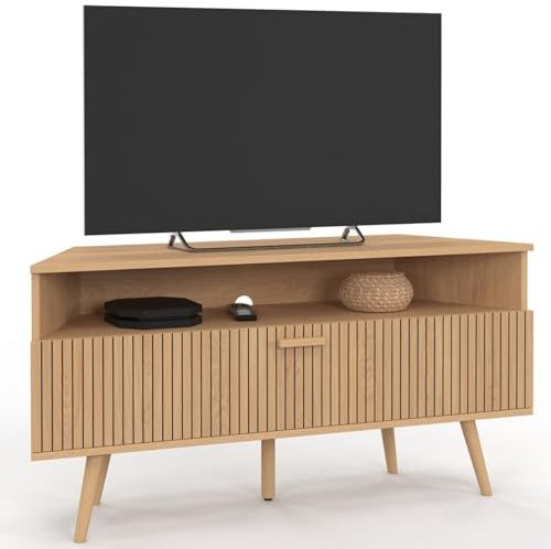 IDMarket - TV-Möbel 110 cm TV-Eckmöbel Juliette 1 Tür mit Latteneffekt, eichenfarbig