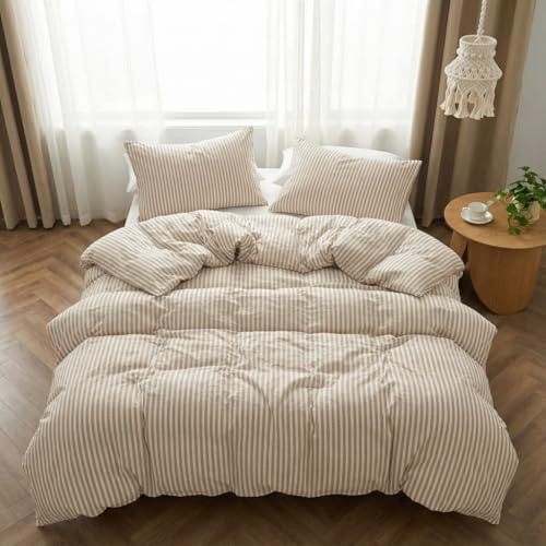 Bettwäsche 135x200 Beige Gestreift Modern Bettbezug mit Kissenbezug 80x80 | Bettwäsche Set 2 Teilig, Braun Khaki Streifen, Landhausstil, Geometrisch, Landhaus, Aesthetic, Microfaser, Reißverschluss