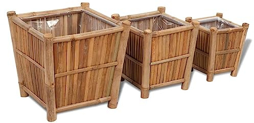 Lot de 3 pots de fleurs en bambou avec doublure en film nylon pour extérieur, jardin, jardinière surélevée, résistant aux intempéries, étanche, différentes tailles