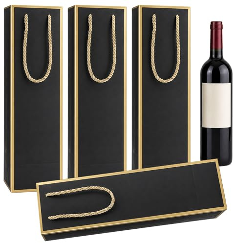 4x4x11 Premium Whiskey Bottle Gift Bags 4 PCS, Reusable Wine Gift Bag with Elegant Gold Foil Print, Luxury Black Liquor Bags with Sturdy Handles for Party, Wedding, Spirits & Small Bottles