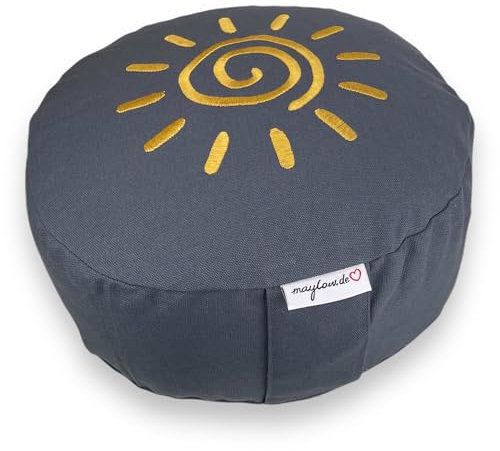maylow Yoga mit Herz® Hochwertige Meditationskissen Stickerei Shanti Sonne Bezug waschbar Innenkissen Bio-Dinkelspelzen Ø33 cm H: 15cm (Personalisierung nach Wunsch) (grau, H:15cm)