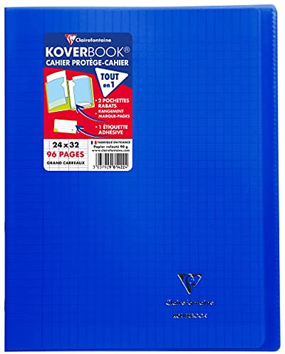 Clairefontaine 981422C - Schulheft / Heft Koverbook DIN A4+ 24x32 cm 48 Blatt 90g, französische Lineatur, Einband aus transparentem Polypropylen, robust, geheftet, Marineblau, 1 Stück