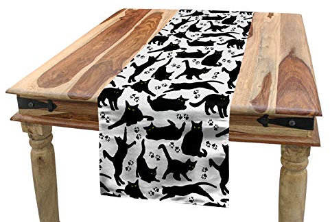 ABAKUHAUS Katze Tischläufer, Schwarze Katzen Verschiedene Poses, Esszimmer Küche Rechteckiger Dekorativer Tischläufer, 40 x 300 cm, Schwarz Grau