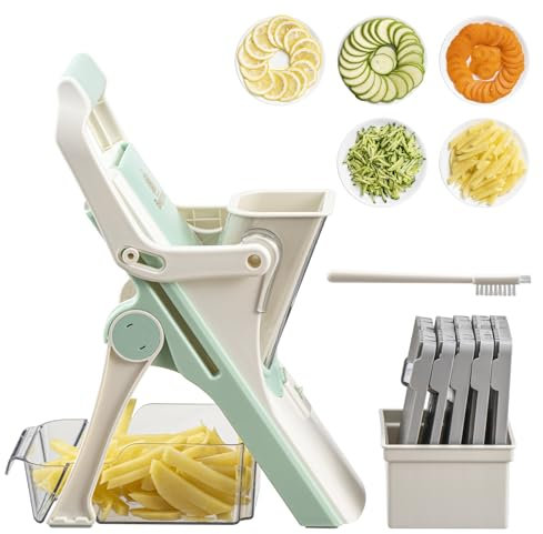 Brieftons Safe Mandoline Vegetable Slicer with 5 Removable Blades to Slice, Julienne, Chip, Chop, Dice Veggies/Fruits, Injury-Free Design, with Catch Container, Cleaning Brush, 5 Recipe Ebooks